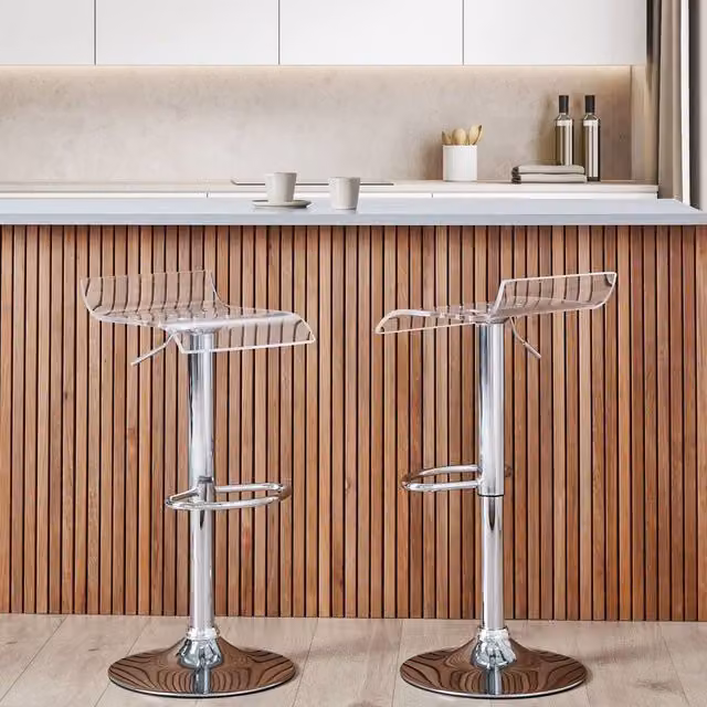 Wyld and Coco Set of 2 Clear Acrylic Bar Stools with Silver Swivel Gas Lift Adjustable Height