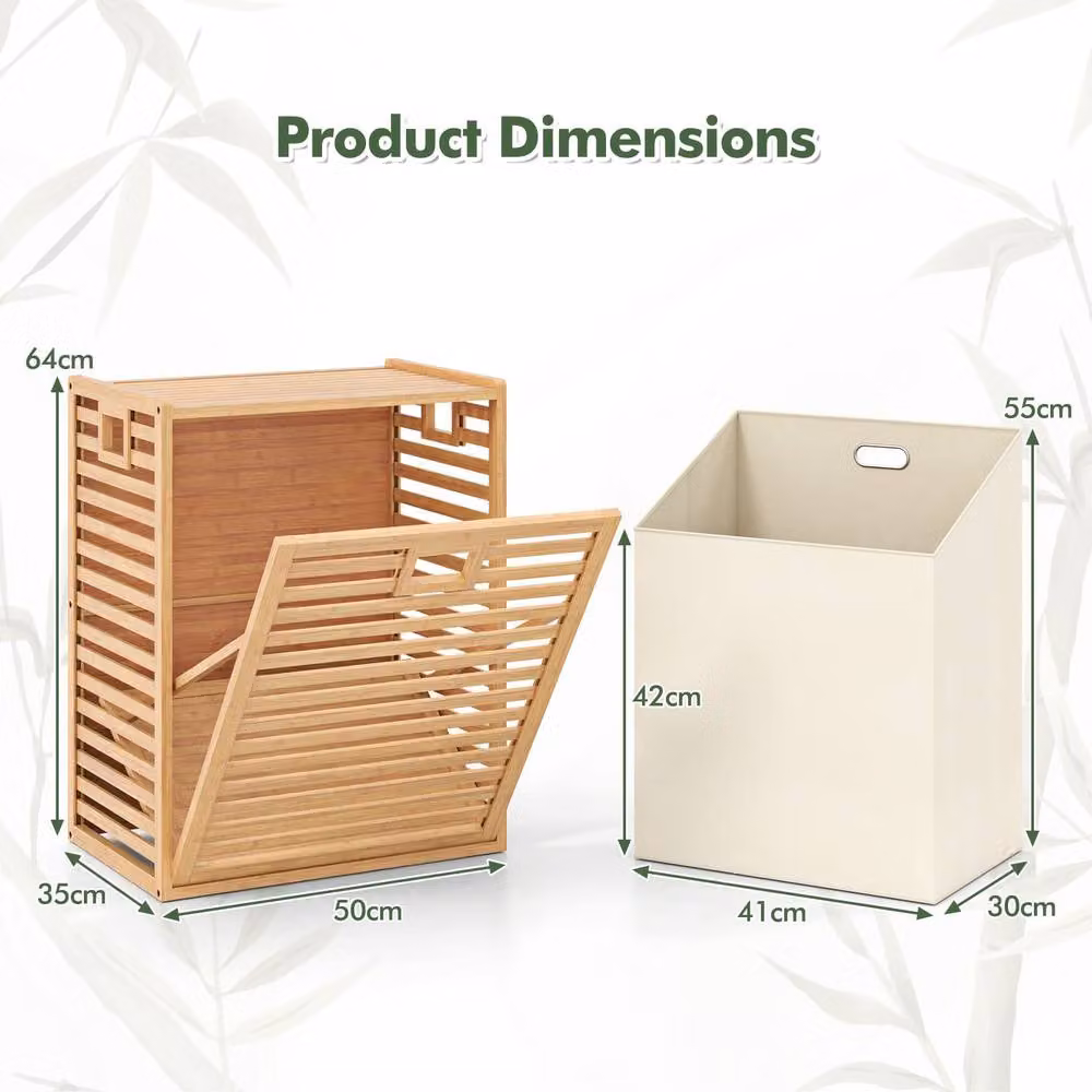 Costway Bamboo Tilt-out Laundry Hamper with Removable Fabric Bag, 68L, Beige – 2