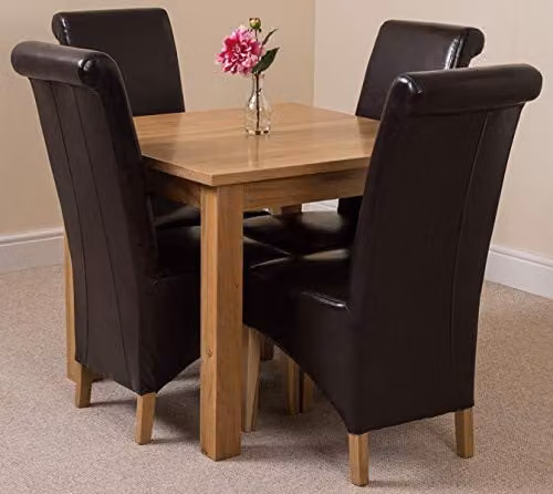 Thats Furniture Oslo Oak Square Dining Table and 4 Brown Leather Upholstered Chairs Set W/D/H: 90 x 90 x 77 cm