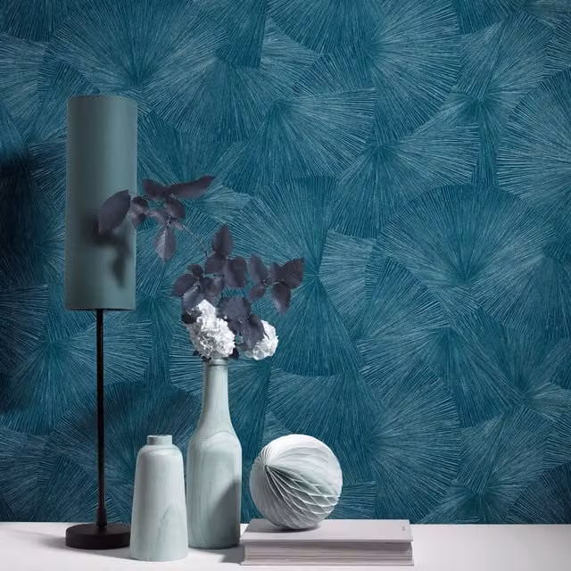 Erismann Japandi Metallic Botanical Floral Wallpaper in Petrol Teal, Pre-pasted Vinyl Roll