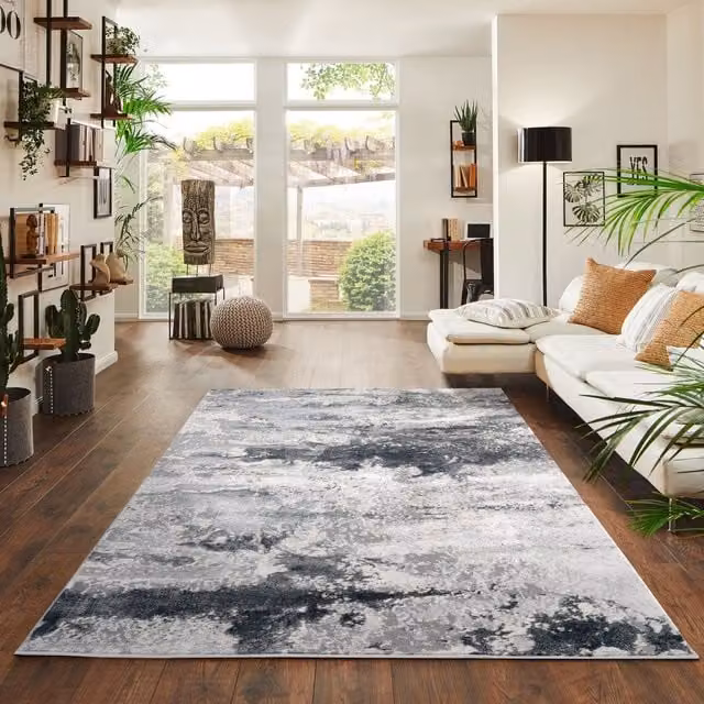 Modern Emperor Abstract Thick Area Rug in Onyx Silver and Grey, Width: 60 cm