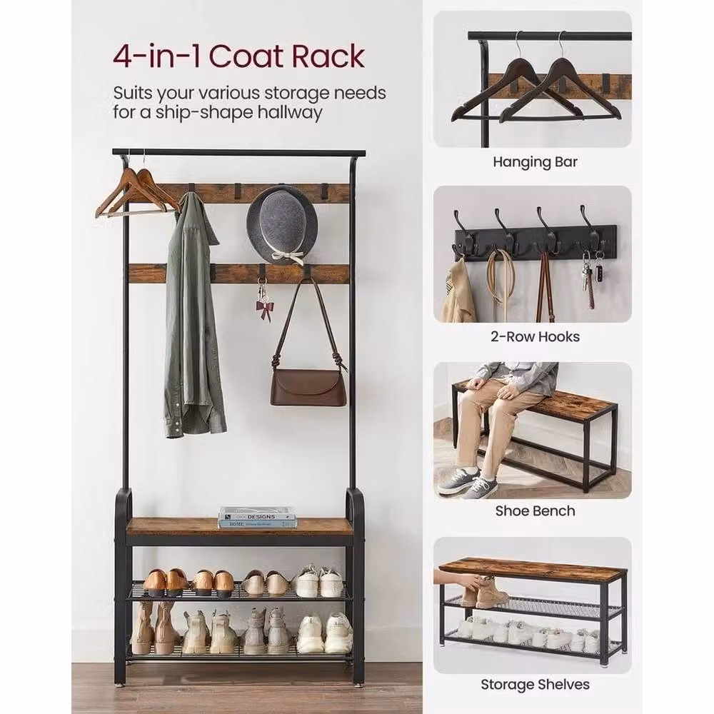 VOGREX Industrial Hallway Coat Stand and Shoe Storage Bench in Brown with Metal and MDF Construction, H 183 cm x W 90 cm x D 40 cm – 3