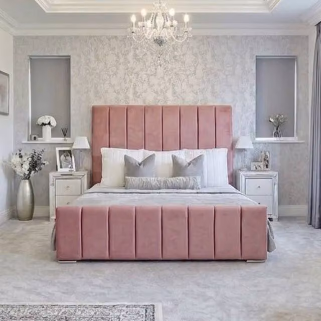 Stratus Interiors Oulton Premium Wingback Paneled Double Bed Frame in Pink Velvet, W/D/H: 140 x 200 x 145 cm