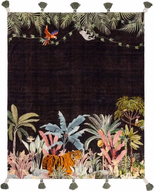 Terrys Midnight Jungle Animal Print Cotton Throw with Fringes, Black, W/D/H: 125 x 150 cm