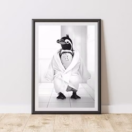 60 Second Makeover Penguin Bathrobe Animal Print Paper Poster, W: 21.0 cm, H: 29.7 cm, Black and White