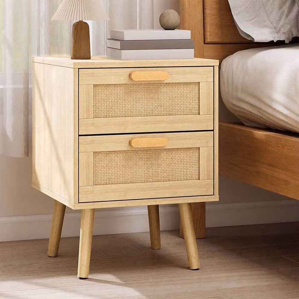 Levede 2 Pack Rattan and Bamboo Bedside Tables with 2 Drawers in Natural Brown – 3