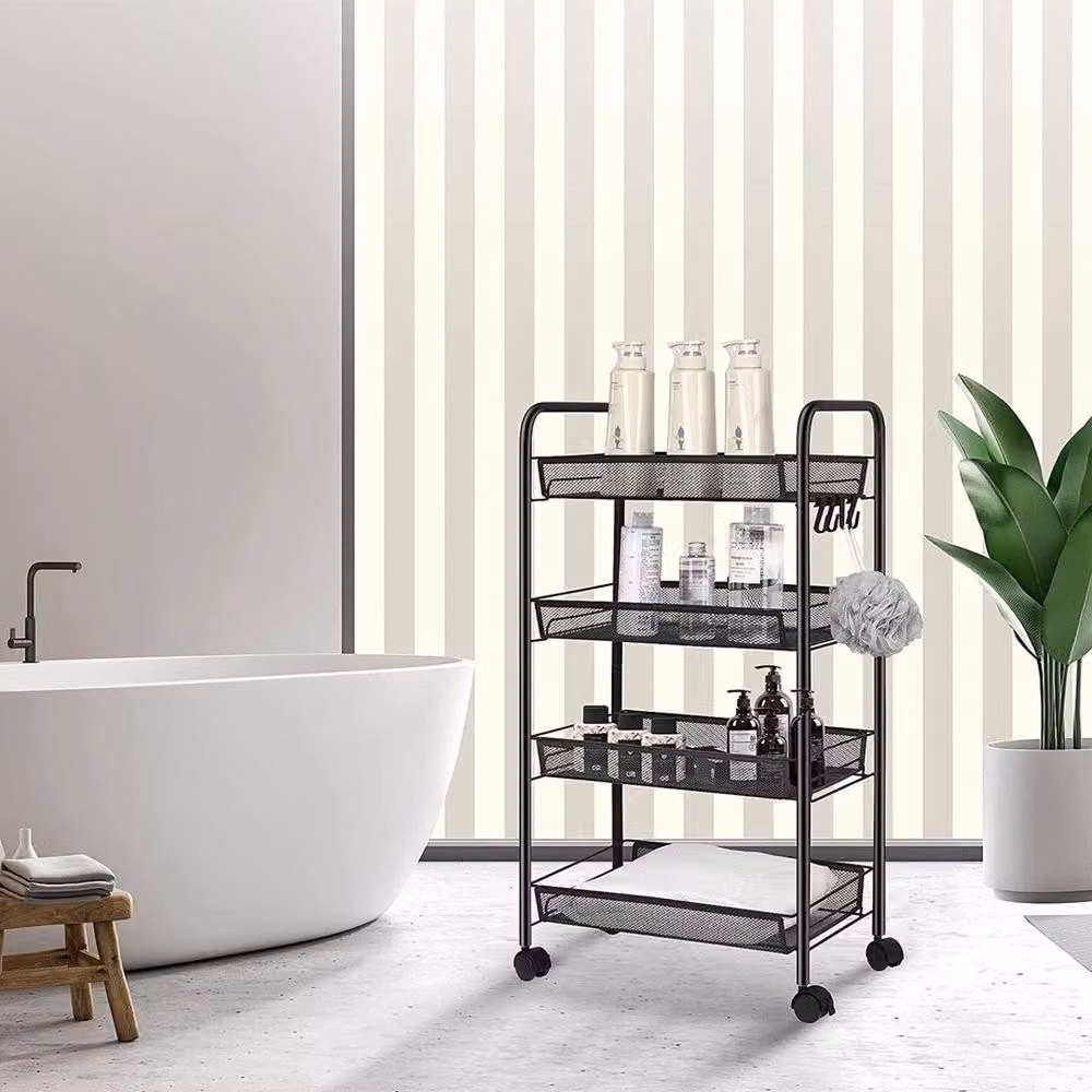 FLAVORA 4-Tier Rolling Metal Kitchen Vegetable Storage Trolley Cart in Matt Black – 4