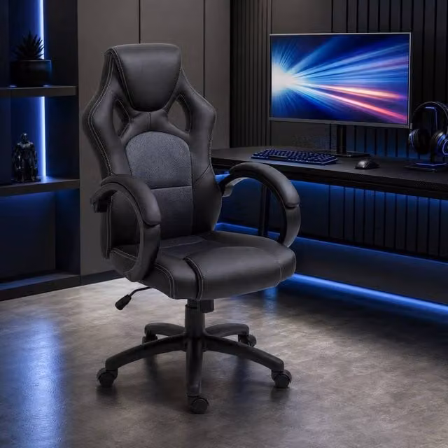STILVORA Grey and Black Synthetic Leather Swivel Task Chair with Headrest and Armrests – 1
