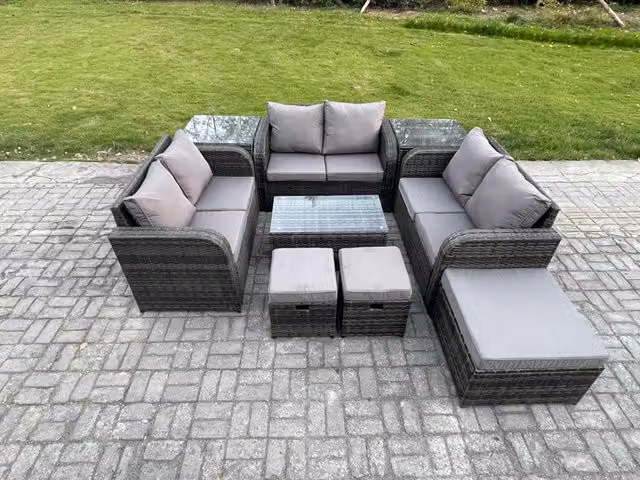 Fimous Dark Grey Wicker PE Rattan Garden Furniture Set with U-Shape Lounge Sofa, Coffee Table, 2 Side Tables and 3 Footstools