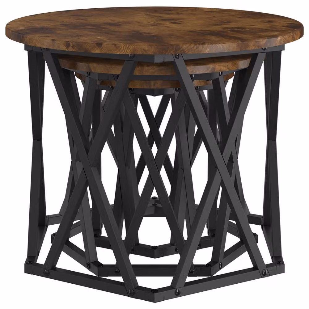 Berkfield Home Set of 3 Round Nesting Side Tables in Smoked Oak and Brown Engineered Wood – 3