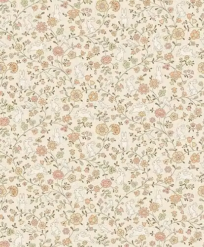 Grandeco Liberty Floral Bunny Trail Nursery Textured Wallpaper in Natural Beige
