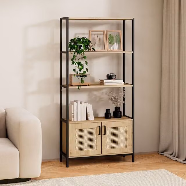 VonHaus Lena Rattan Effect Living Room Storage Bookcase in Brown and Black, H 180 x W 64 x D 35 cm