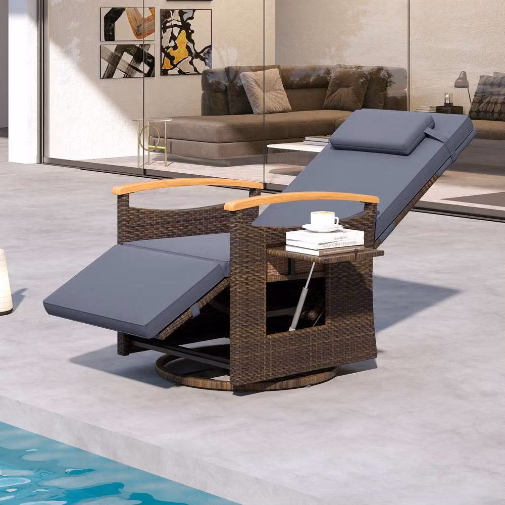 Gymax 360 Swivel Wicker Lounge Chair with Flip Side Table and Gas Spring Recline in Grey – 3