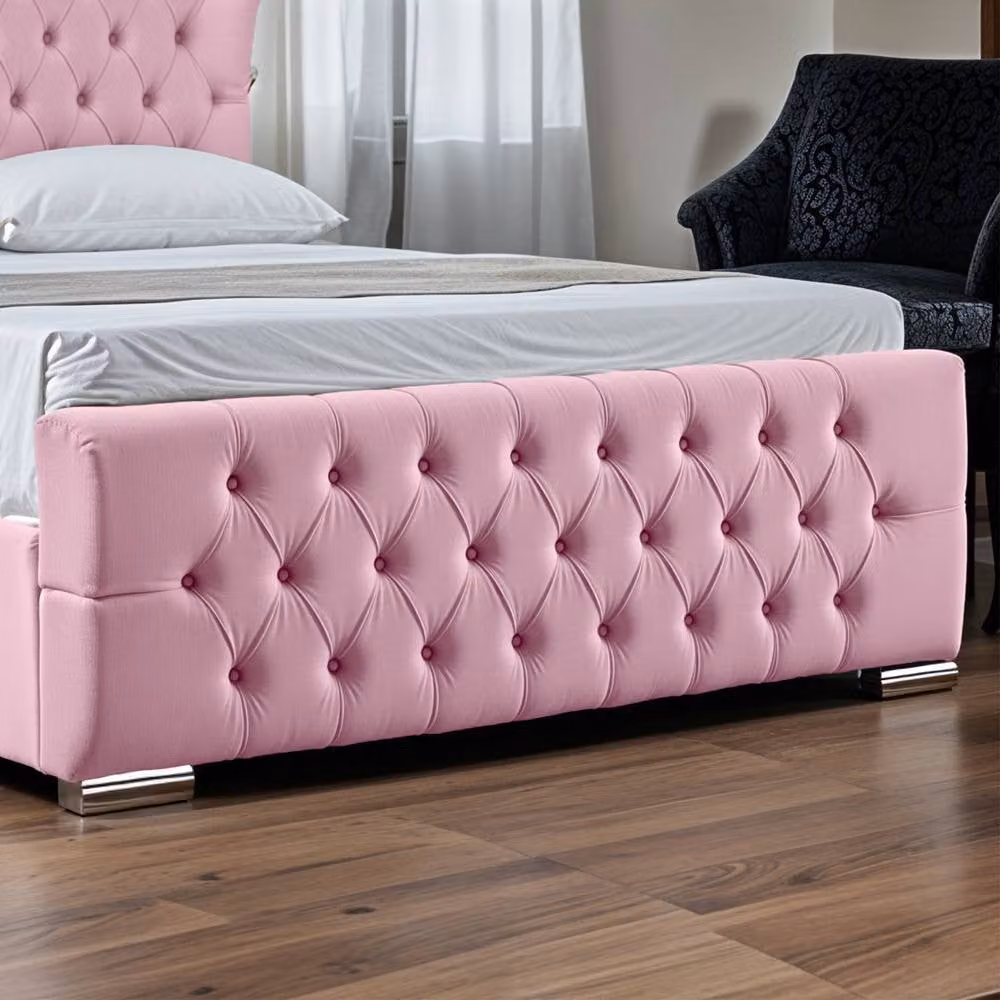 UK Bed Furniture Isabella Pink Velvet Upholstered Slatted Base Bed with 48 Inch Wingback Headboard, Size: 200 x 200 cm – 3