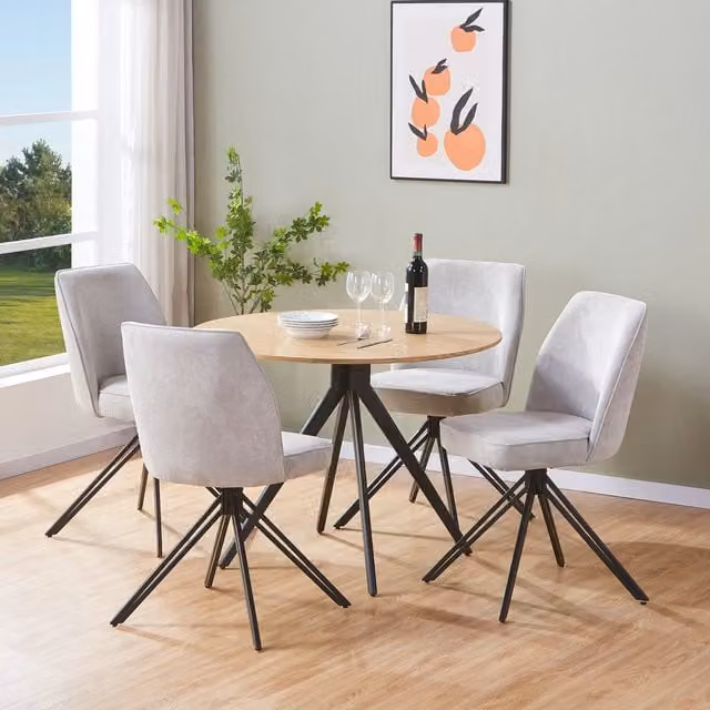 Aspen Light Oak Round Dining Table and 4 Light Grey Swivel Chairs