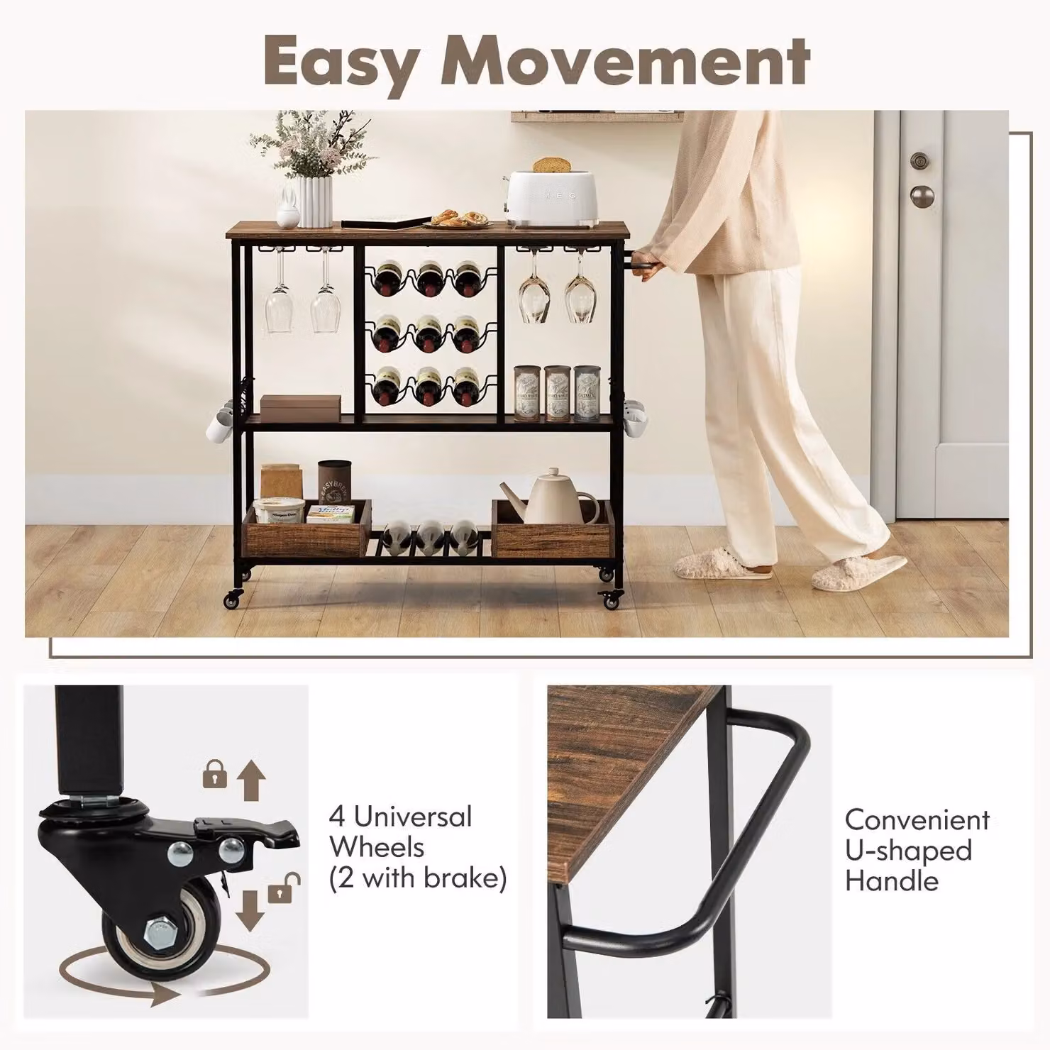 Costway 3 Tier Kitchen Bar Cart with Glass Racks in Brown – 5