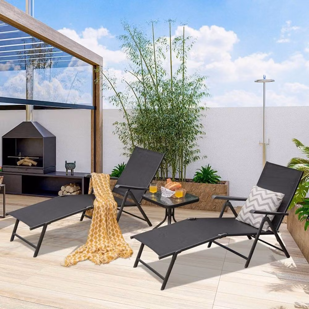 Kelvenix 2-Piece Set of Black Foldable Patio Chaise Lounge Chairs with Textilene Fabric and Powder Coated Steel Frame – 3
