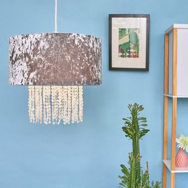ValueLights Boland Pair of Silver and Grey Crystal and Fabric Ceiling Pendant Droplet Shades