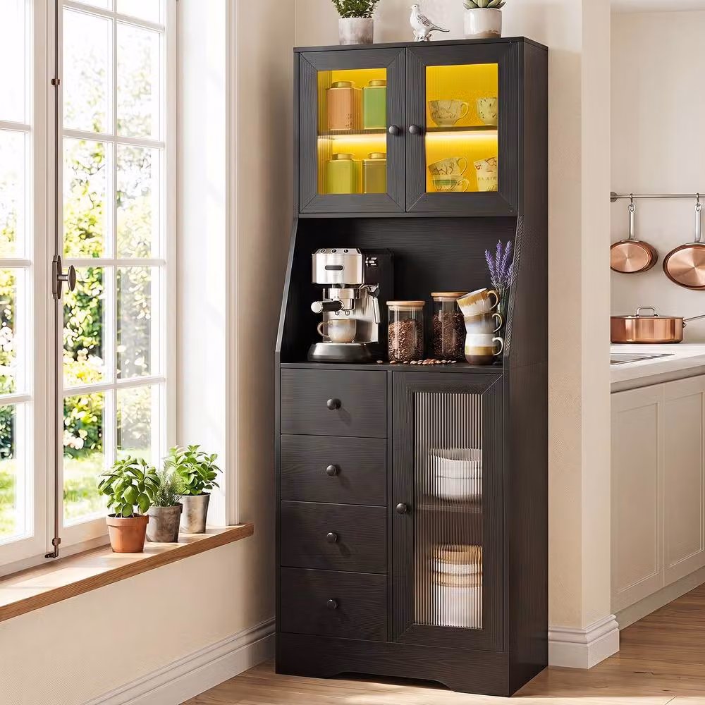 Gymax Black Freestanding Kitchen Pantry and Coffee Bar Cabinet with Integrated LED Lights – 3