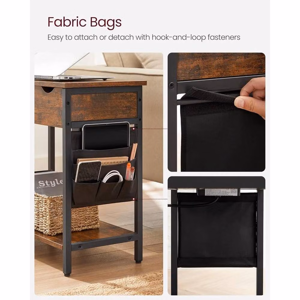 FORGEVIO Slim Narrow Bedside Side Table with Built-In Charging Station in Brown Wood Finish – 5