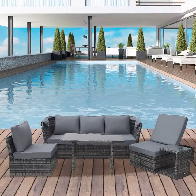 Outsunny 5 Piece L-Shape Outdoor Rattan Wicker Sofa Set with Grey Cushions and Metal Frame