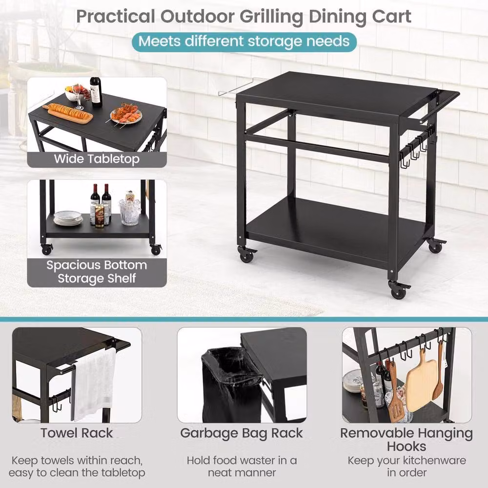 Gymax Portable Dining Cart BBQ Trolley and Food Prep Worktable in Black – 5