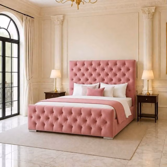 K Mehmood Enterprise Ltd Modern Chesterfield Upholstered Velvet Bed Frame with Headboard and Footboard in Black or Pink