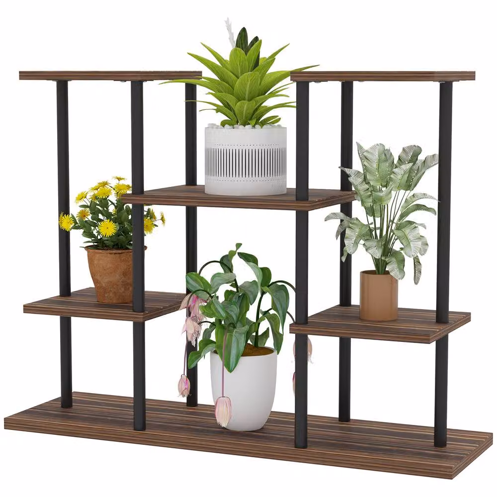 STILVORA Industrial 4-Tier Plant Stand with 6 Shelves in Black Metal and Wood – 5
