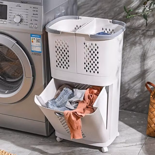 Lifeideas 3 Compartment Laundry Baskets with Handles and Wheels, White