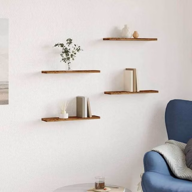 Berkfield Home Set of 4 Wall Mounted Shelves in Brown Old Wood, W: 40 cm, D: 20 cm, H: 1.5 cm – 1