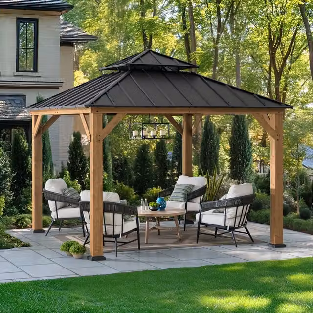 Sunjoy Anthracite Outdoor Wooden and Steel Hardtop Gazebo with Gable Roof W/D/H: 330 x 330 x 330 cm