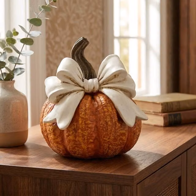 Garden Greatness Classic Ceramic Autumn Pumpkin Tabletop Ornament in Orange, White and Multicolour