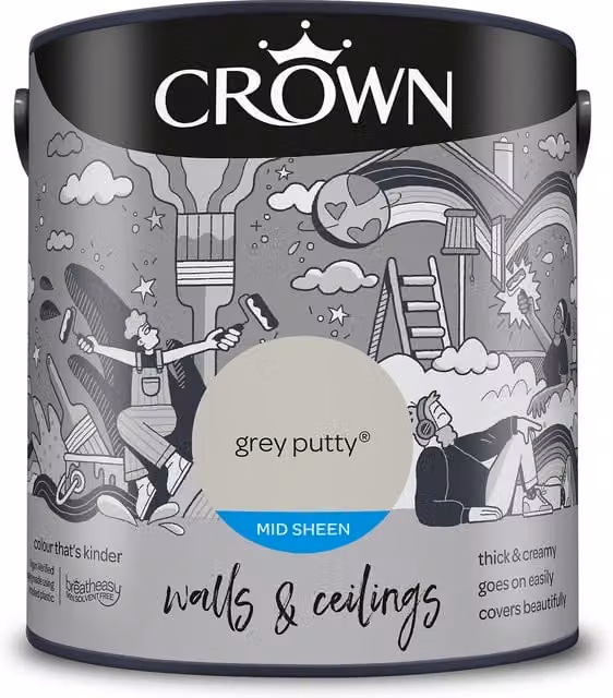Crown Walls and Ceilings Mid Sheen Emulsion Grey Putty 2.5l
