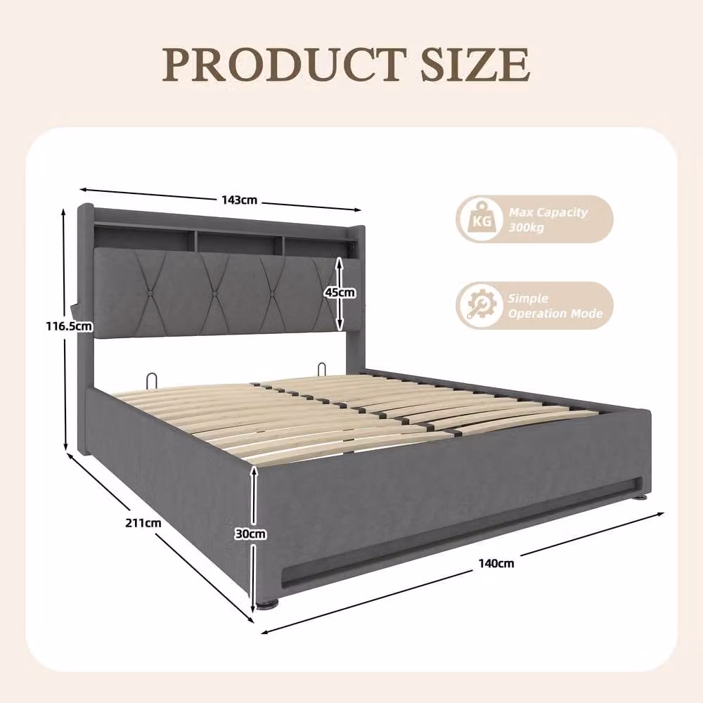 Matteo Dark Grey Velvet Double Bed Frame with LED Lighting, USB Charging Port, Bedside Shelf and Ottoman Storage, W/D/H: 140 x 200 cm – 2