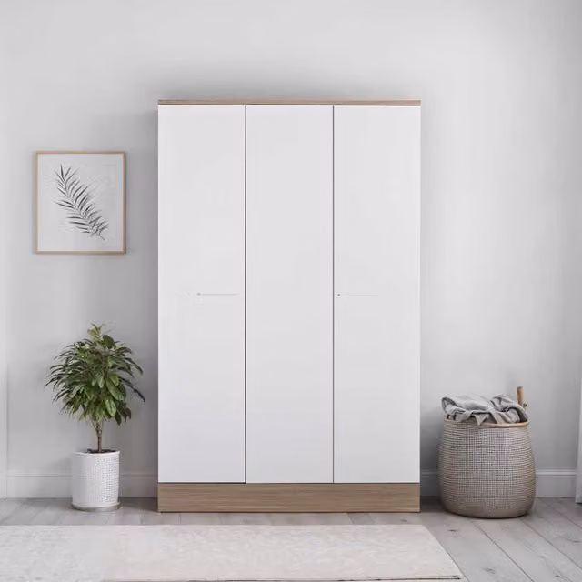 FWStyle White Oak 3 Door Wardrobe with Internal Shelves and Hanging Rod, White
