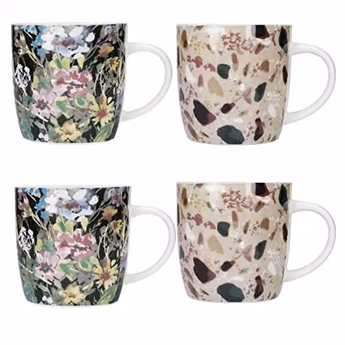 KitchenCraft Set of 4 Multicolour Floral Terrazzo Stoneware Mugs, 425ml