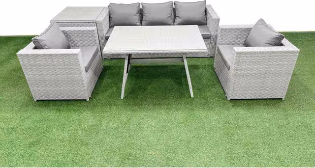 Fimous 6-Piece PE Rattan Outdoor Patio Furniture Set with Cushions and Tempered Glass Table in Light Grey Mixed