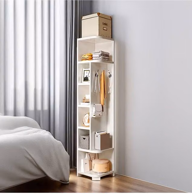 Living and Home Modern Open-Style Corner Shelf Storage Rack with Hooks in White