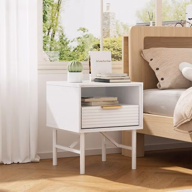 Komore Modern Square Striped Wooden Bedside Table in White