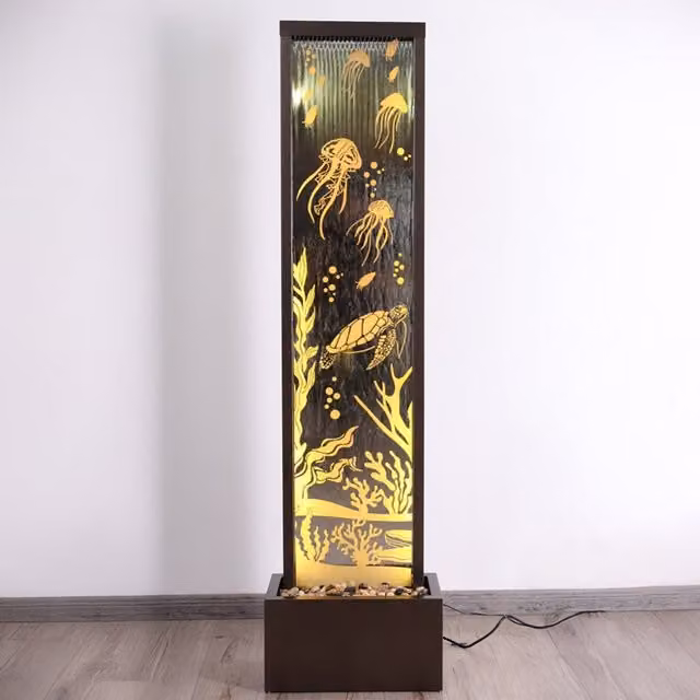 Primrose Modern Rectangular Mirror Wall Water Feature in Ocean Floor Design, Brown