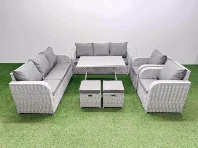 Fimous Rattan High Back Lounge Sofa Set in Light Grey with Reclining Chairs and 2 Ottomans