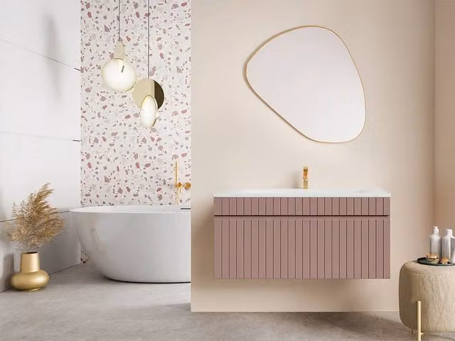 Vente-unique Wall-Mounted Ribbed Bathroom Unit with Inset Basin, Pink, W: 100 cm, D: 46 cm, H: 46 cm