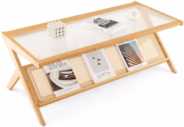 Costway Brown Tempered Glass and Bamboo Rectangular Cocktail Tea Center Table