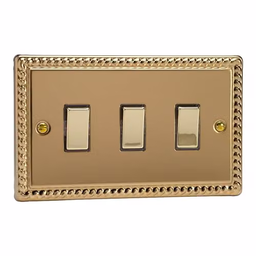 Varilight Classic Georgian Brass Two-Way Triple Light Switch Plate in Gold and Yellow