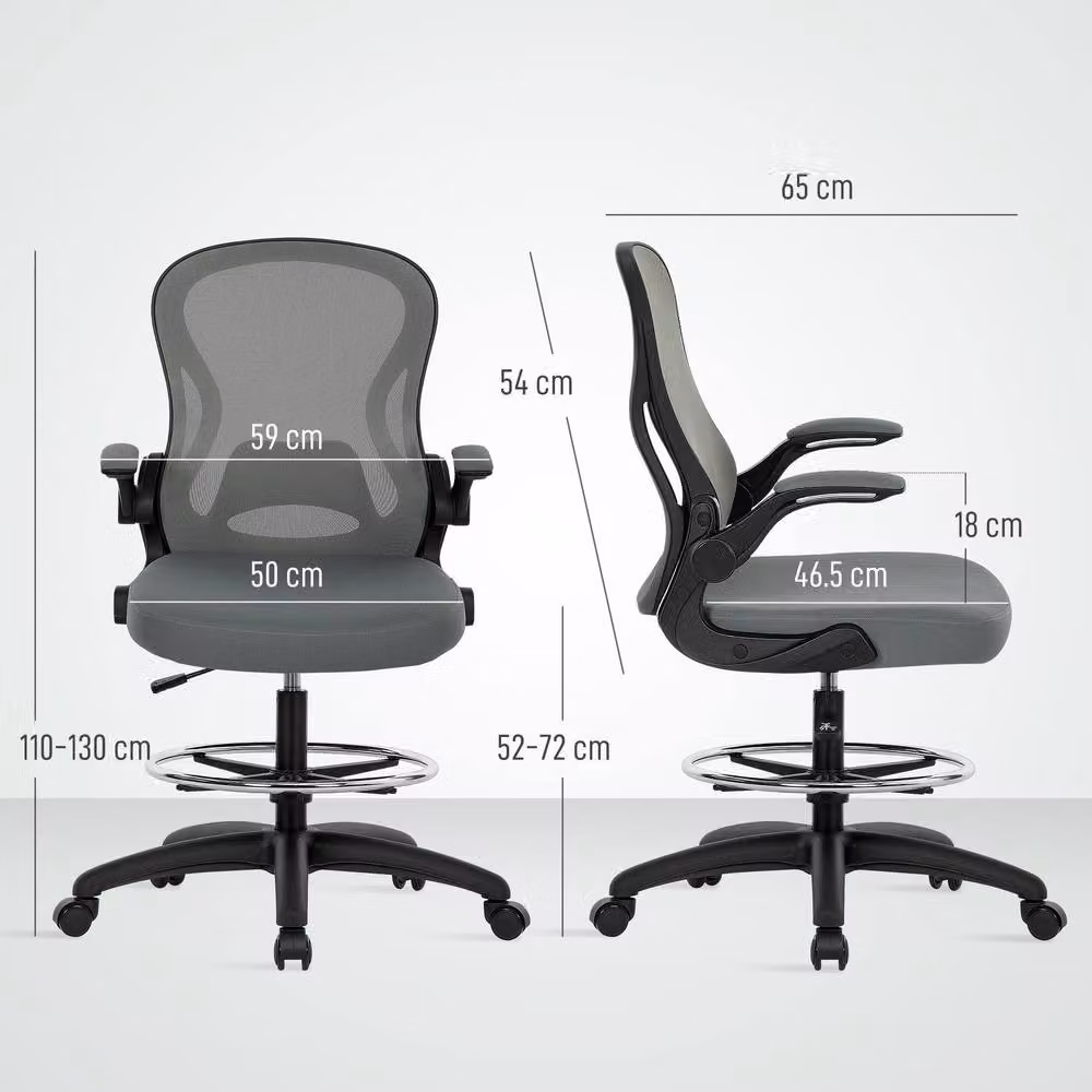 STILVORA Grey Fabric Draughtsman Chair with Flip-up Armrests and Foot Ring – 3