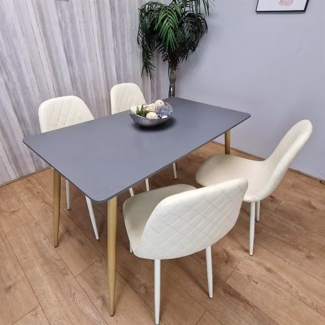Kosy Koala Modern Grey Rectangular Dining Table with 4 Beige Geometric Patterned Chairs