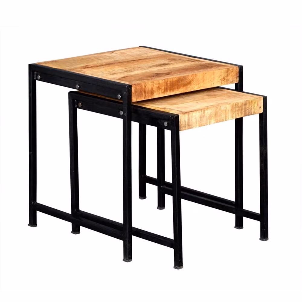 Wyld Haus Toivakka Nesting Side Tables Set of 2, Brown Reclaimed Wood and Metal Industrial Square Tables – 2