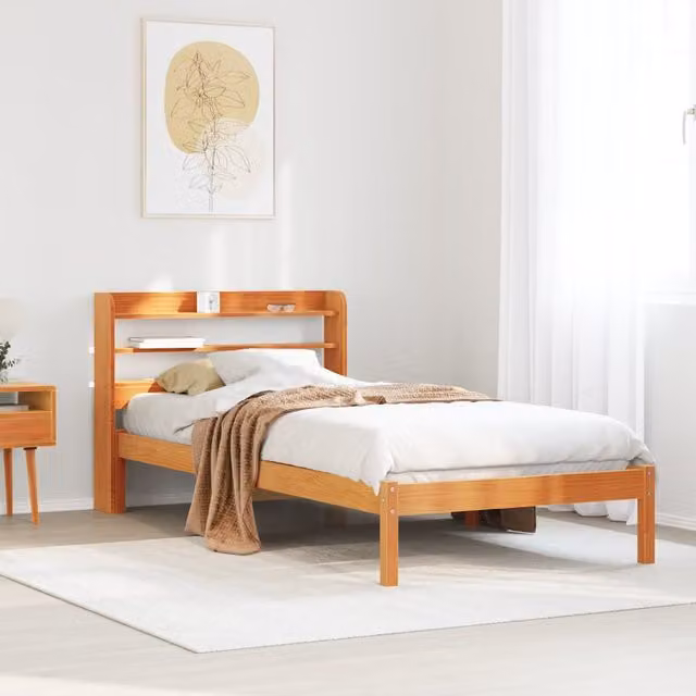 Berkfield Home Wax Brown Solid Pine Bed Frame with Headboard and Side Compartments, W/D/H: 100 x 200 cm