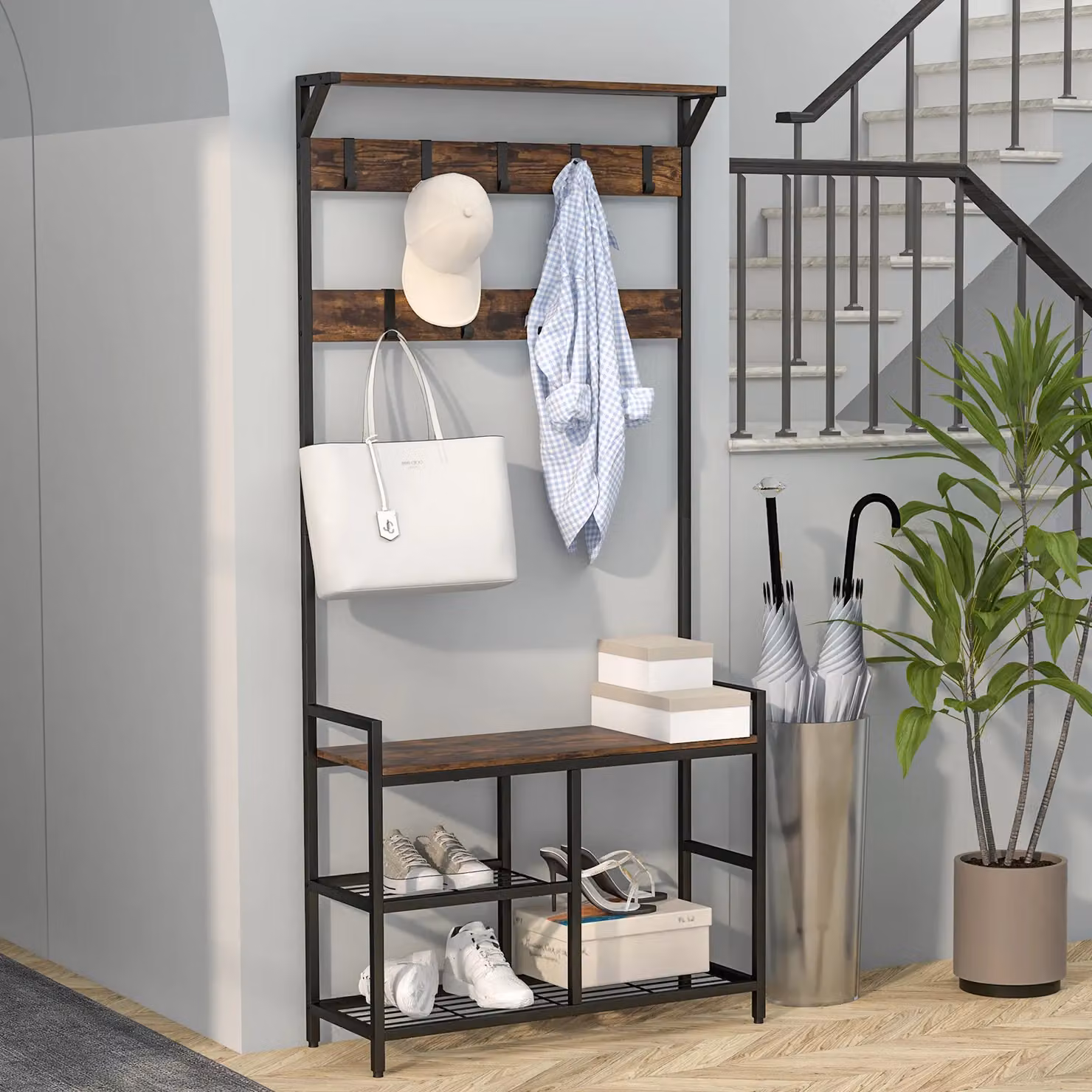 Costway 3-in-1 Industrial Hall Tree with Shoe Bench and Storage in Brown – 4