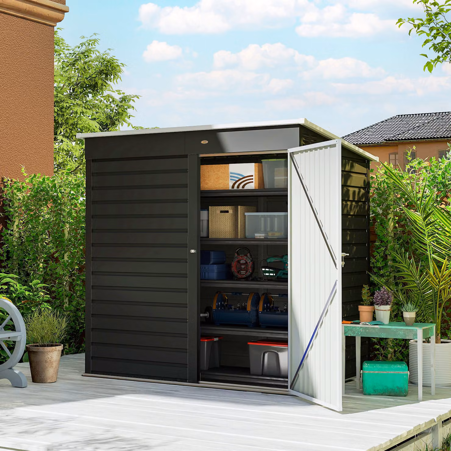 Outsunny Metal Garden Storage Shed in Dark Grey with Lockable Single Door, W/D/H: 184 x 122 x 122 cm – 2